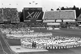 A view of children performing their dance routines at the opening ceremony of the Edinburgh Commonwealth Games 1986, at Meadowbank stadium.