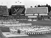 A view of children performing their dance routines at the opening ceremony of the Edinburgh Commonwealth Games 1986, at Meadowbank stadium.