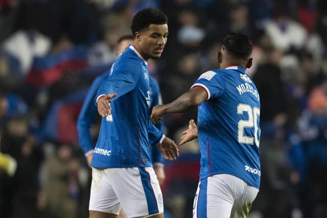 Malik Tillman celebrates with Alfredo Morelos after setting up his Rangers team-mate for the winning goal against Hibs on Thursday.  (Photo by Craig Foy / SNS Group)
