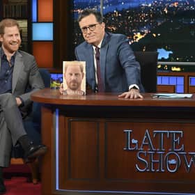 Prince Harry with host Stephen Colbert during the recording of "The Late Show with Stephen Colbert" on Tuesday
