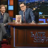 Prince Harry with host Stephen Colbert during the recording of "The Late Show with Stephen Colbert" on Tuesday