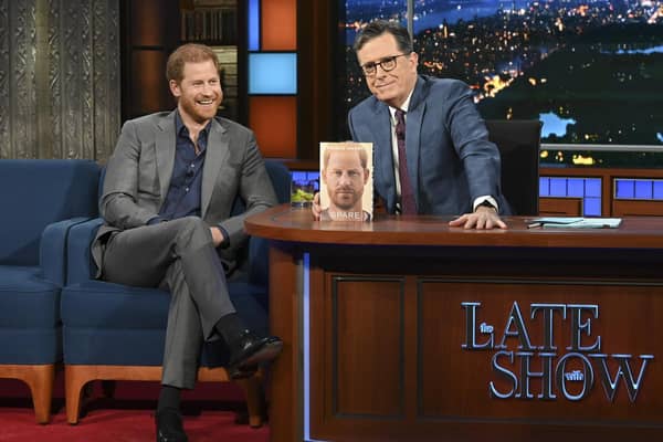 Prince Harry with host Stephen Colbert during the recording of "The Late Show with Stephen Colbert" on Tuesday