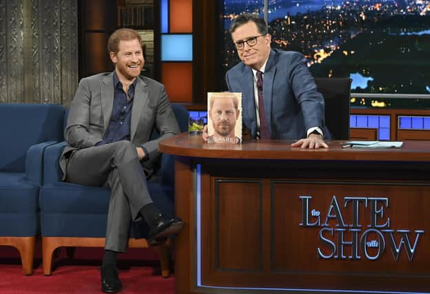 Prince Harry with host Stephen Colbert during the recording of "The Late Show with Stephen Colbert" on Tuesday