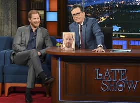 Prince Harry with host Stephen Colbert during the recording of "The Late Show with Stephen Colbert" on Tuesday