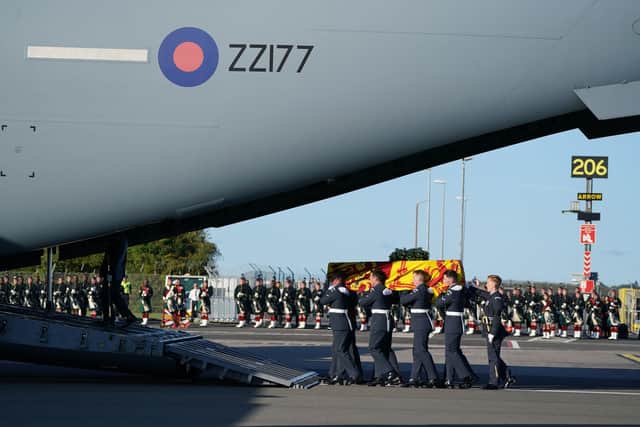 The Queen's coffin being taken aboard an RAF aircraft at Edinburgh Airport. Picture: Andrew Milligan/PA Wire