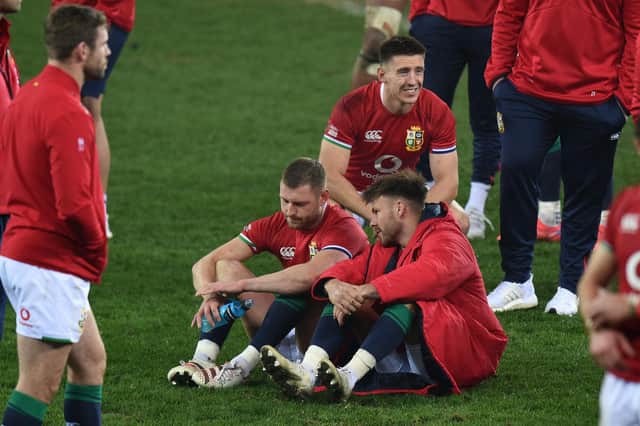 Finn Russell and Ali Price take a moment to reflect on the Lions' narrow defeat by the Springboks in the third Test which saw South Africa win the series 2-1. Picture: David Gibson/Fotosport/Shutterstock