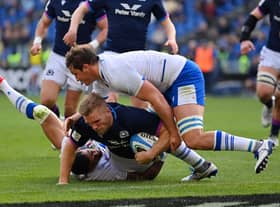 Chris Harris of Scotland touches down for the third try during the Guinness Six Nations Rugby match between Italy and Scotland at Stadio Olimpico on March 12, 2022 in Rome, Italy. (Photo by Justin Setterfield/Getty Images)