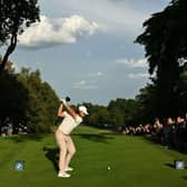 Tommy Fleetwood drives off the 17th tee on day three of the BMW PGA Championship at Wentworth Club. Picture: Glyn Kirk/AFP via Getty Images.
