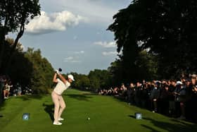 Tommy Fleetwood drives off the 17th tee on day three of the BMW PGA Championship at Wentworth Club. Picture: Glyn Kirk/AFP via Getty Images.