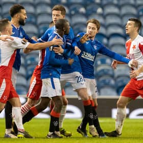 Glen Kamara angrily reacts after being racially abused by Ondrej Kudela during a Europa League match at Ibrox. Picture: SNS