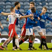 Glen Kamara angrily reacts after being racially abused by Ondrej Kudela during a Europa League match at Ibrox. Picture: SNS