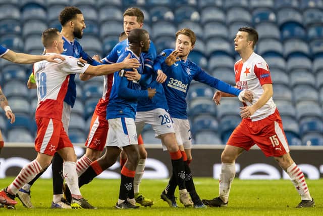 Glen Kamara angrily reacts after being racially abused by Ondrej Kudela during a Europa League match at Ibrox. Picture: SNS