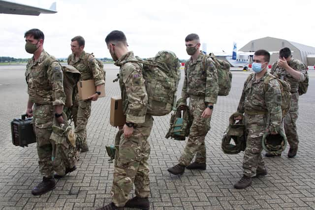 UK military personnel prior to boarding an RAF Voyager aircraft at RAF Brize Norton in Oxfordshire, as part of a 600-strong UK-force sent to assist with the operation to rescue British nationals in Afghanistan.