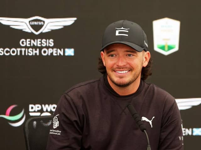 Ewen Ferguson talks to the media during a press conference prior to the Genesis Scottish Open at The Renaissance Club. Picture: Andrew Redington/Getty Images.