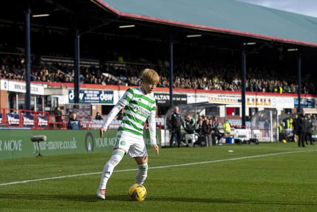 Kyogo Furuhashi in action for Celtic the last time the side visited Dens Park for a league fixture in November 2021. They won 4-2. (Photo by Ross MacDonald / SNS Group)
