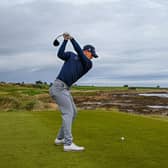 Grant Forrest tees off on the third hole at Kingsbarns Golf Links in the Alfred Dunhill Links Championship. Picture: Octavio Passos/Getty Images.