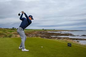 Grant Forrest tees off on the third hole at Kingsbarns Golf Links in the Alfred Dunhill Links Championship. Picture: Octavio Passos/Getty Images.