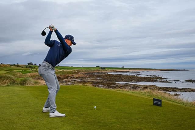 Grant Forrest tees off on the third hole at Kingsbarns Golf Links in the Alfred Dunhill Links Championship. Picture: Octavio Passos/Getty Images.