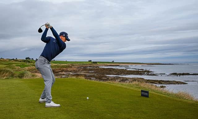 Grant Forrest tees off on the third hole at Kingsbarns Golf Links in the Alfred Dunhill Links Championship. Picture: Octavio Passos/Getty Images.