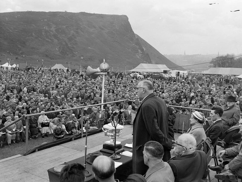 Frank Collins addresses the Miners' May Day Rally in Holyrood Park in 1959.