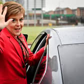 Nicola Sturgeon outside Glasgow counting centre in the Emirates Arena on Saturday