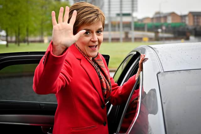 Nicola Sturgeon outside Glasgow counting centre in the Emirates Arena on Saturday