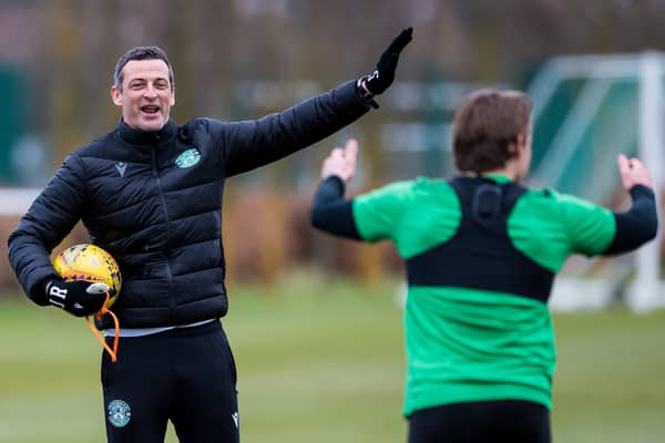 Hibs head coach Jack Ross during a training session at East Mains. (Photo by Ross Parker / SNS Group)