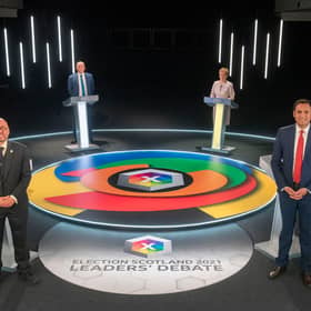 Clockwise from left: Douglas Ross, Patrick Harvie, presenter Glenn Campbell, Nicola Sturgeon, Anas Sarwar and Willie Rennie in this week's final leaders' debate (Picture: Getty)