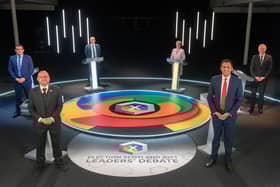 Clockwise from left: Douglas Ross, Patrick Harvie, presenter Glenn Campbell, Nicola Sturgeon, Anas Sarwar and Willie Rennie in this week's final leaders' debate (Picture: Getty)