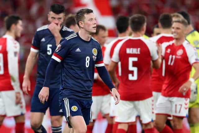Scotland's Callum McGregor at full time of the FIFA World Cup Qualifier between Denmark and Scotland at the Parken Stadium.  (Photo by Alan Harvey / SNS Group)