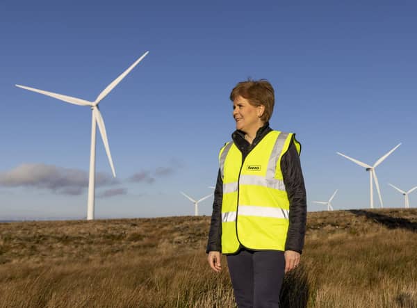 First Minister Nicola Sturgeon visits the Kype Muir wind farm in Strathaven. Picture: Robert Perry/Getty Images