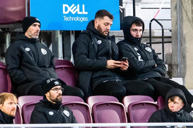 Hearts Craig Halkett and John Souttar watch on during a cinch Premiership against and Motherwell at Tynecastle.