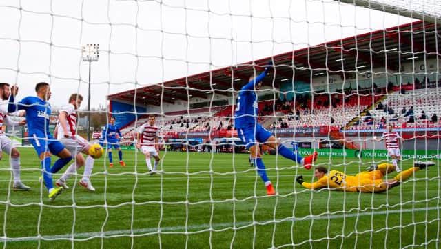 Hamilton Accies defender Brian Easton puts the ball through his own net to give Rangers an 80th minute lead. (Photo by Alan Harvey / SNS Group)