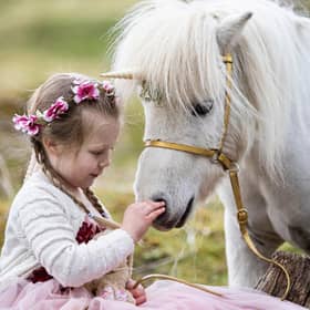 Emily Bell (4) meets Pumpkin the Unicorn ahead of his appearance at Stirling Castle for National Unicorn Day picture: Duncan McGlynn.