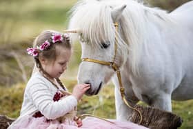 Emily Bell (4) meets Pumpkin the Unicorn ahead of his appearance at Stirling Castle for National Unicorn Day picture: Duncan McGlynn.