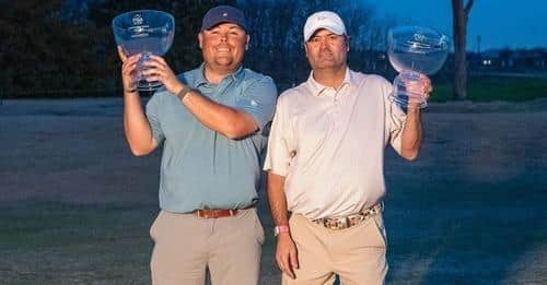 Lee Rhind, right, celebrates with Jarred Jeter after the pair had teamed up to win a PGA fourball event in Texas. Picture: NTPGA