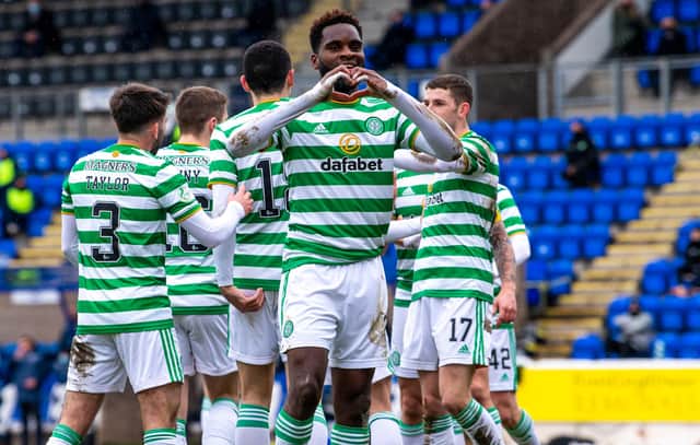 Odsonne Edouard celebrates after scoring his second to complete a Celtic comeback for their 2-1 win against St Johnstone in Perth. (Photo by Ross Parker / SNS Group)