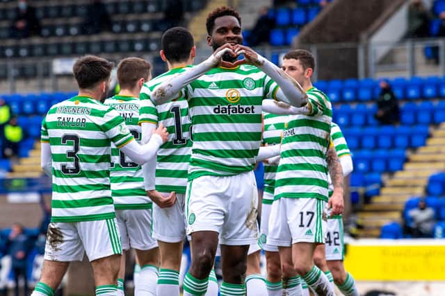 Odsonne Edouard celebrates after scoring his second to complete a Celtic comeback for their 2-1 win against St Johnstone in Perth. (Photo by Ross Parker / SNS Group)