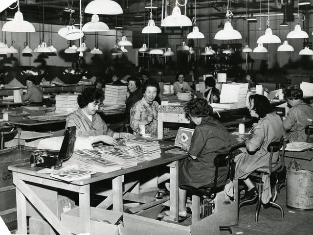 Employees at Valentines & Sons card company, in Dundee, folding Valentine's cards in 1964.