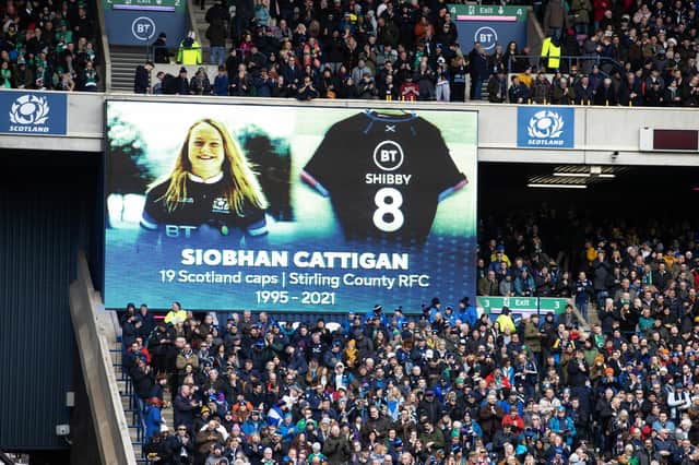 The Murrayfield crowd pay tribute to Scotland international Siobhan Cattigan before Scotland's Six Nations match against Ireland in March this year. Cattigan died in November 2021. (Photo by Craig Williamson / SNS Group)