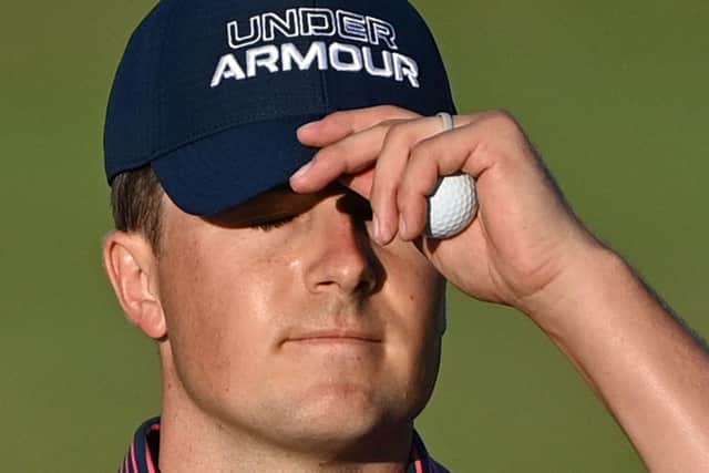 Jordan Spieth reacts after dropping a shot on the 18th in Kent. Picture: Paul Ellis/AFP via Getty Images.