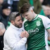 Hibs manager Lee Johnson speaks to Kevin Nisbet during the Premiership match between Hibs and Hearts at Easter Road in April.  Photo by Craig Williamson/SNS Group