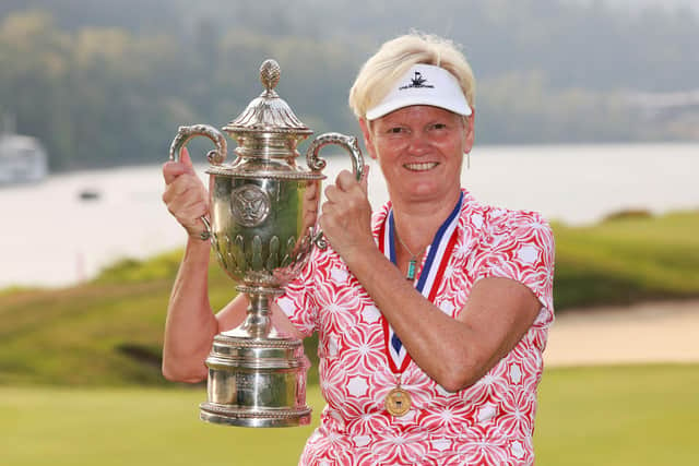 England's Trish Johnson shows off the trophy after her win in the 5th US Senior Women's Open at Waverley Country Club in Portland. Picture: USGA