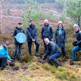 From left: Junior Rangers Katherine Parfitt and Anna Parfitt; First Minister Humza Yousaf, Sandy Bremner, CNPA Convener; Grant Moir, CNPA CEO; Ray Macfarlane, Scotland Committee Chair and a trustee and Deputy Chair of The National Lottery Heritage Fund, Lorna Slater, Minister for Green Skills, Circular Economy and Biodiversity.