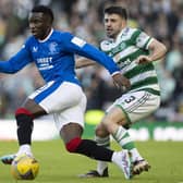 Rangers' Fashion Sakala and Celtic's Greg Taylor compete for possession during the last meeting between the sides in the Viaplay Cup final at Hampden on February 26.  (Photo by Alan Harvey / SNS Group)