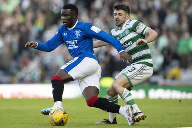 Rangers' Fashion Sakala and Celtic's Greg Taylor compete for possession during the last meeting between the sides in the Viaplay Cup final at Hampden on February 26.  (Photo by Alan Harvey / SNS Group)
