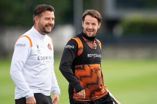 Striker Marc McNulty (right) in training with Tam Courts, his Dundee United manager. The pair hope to get a win over Dundee this afternoon (Photo by Mark Scates / SNS Group)