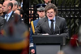 Argentina's president Javier Milei delivers a speech during a ceremony to commemorate the 42nd anniversary of the war between Argentina and the United Kingdom over the Malvinas/Falkland islands, at the Cenotaph to the Fallen of the Malvinas War in Buenos Aires, last month. Picture: AFP via Getty Images