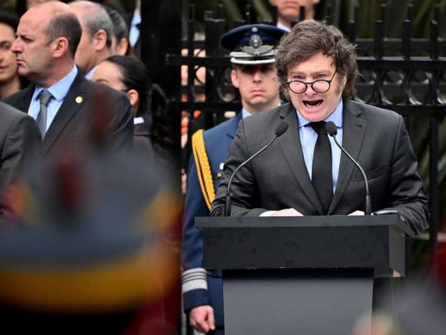 Argentina's president Javier Milei delivers a speech during a ceremony to commemorate the 42nd anniversary of the war between Argentina and the United Kingdom over the Malvinas/Falkland islands, at the Cenotaph to the Fallen of the Malvinas War in Buenos Aires, last month. Picture: AFP via Getty Images