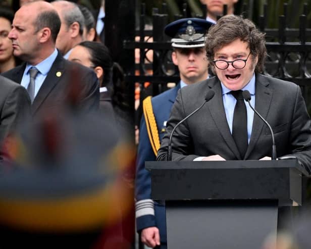 Argentina's president Javier Milei delivers a speech during a ceremony to commemorate the 42nd anniversary of the war between Argentina and the United Kingdom over the Malvinas/Falkland islands, at the Cenotaph to the Fallen of the Malvinas War in Buenos Aires, last month. Picture: AFP via Getty Images